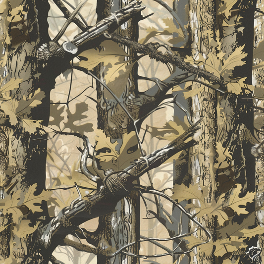 Camouflage pattern featuring intertwined branches and leaves in brown, beige, and green tones.