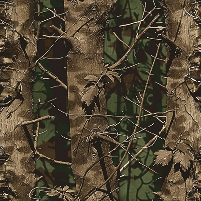 Branches with brown leaves intertwined around tree trunks against a patterned green and brown background.