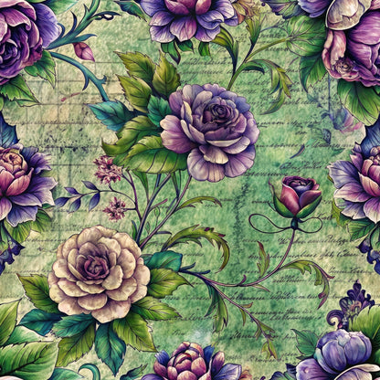 Intricate floral pattern with purple and cream roses and green leaves on a textured, old paper background.