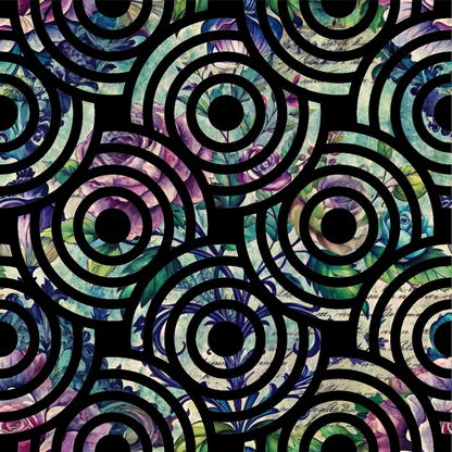 iridescent purple, teal blue, mint green, peacock colors, concentric circles, geometric pattern, abstract design, psychedelic style, holographic effect, rainbow shimmer, circular motifs, retro vibes, mesmerizing pattern, quilting cotton, fabric panel, vibrant hues, optical illusion, modern abstract, swirling circles