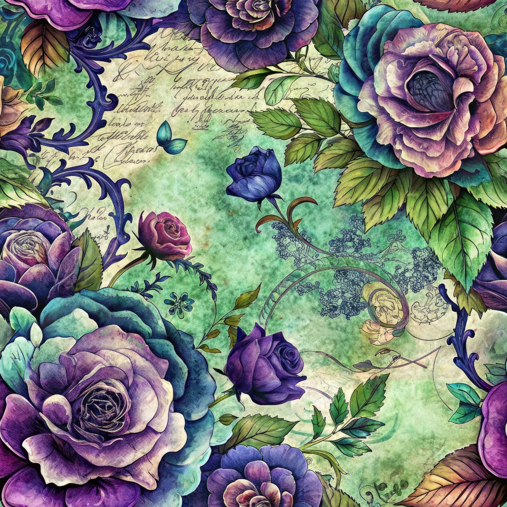 Illustrated roses in shades of purple, blue, and pink with green leaves on a textured background with cursive writing and floral patterns.