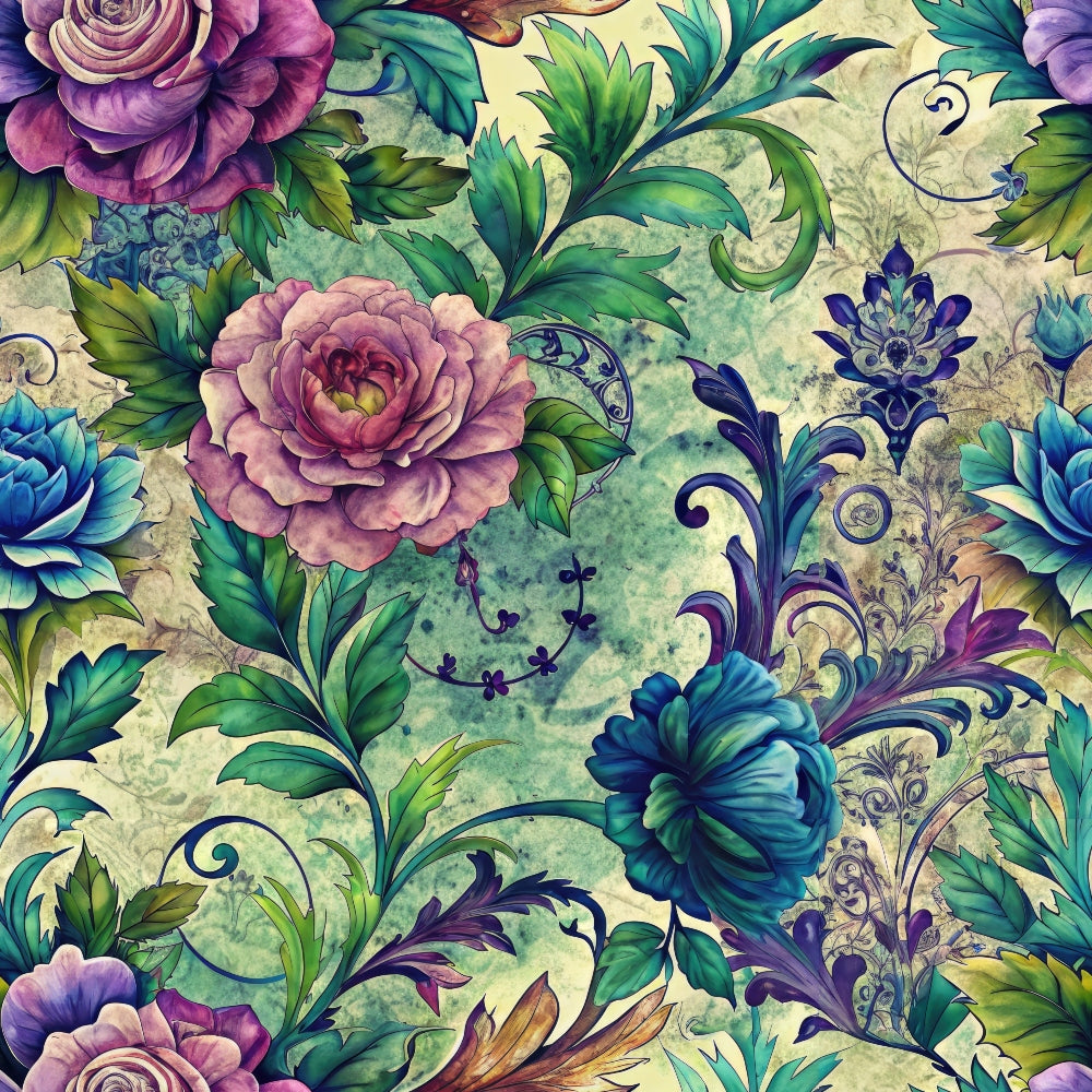 Intricate floral pattern featuring large, colorful flowers and green leaves on a textured background.