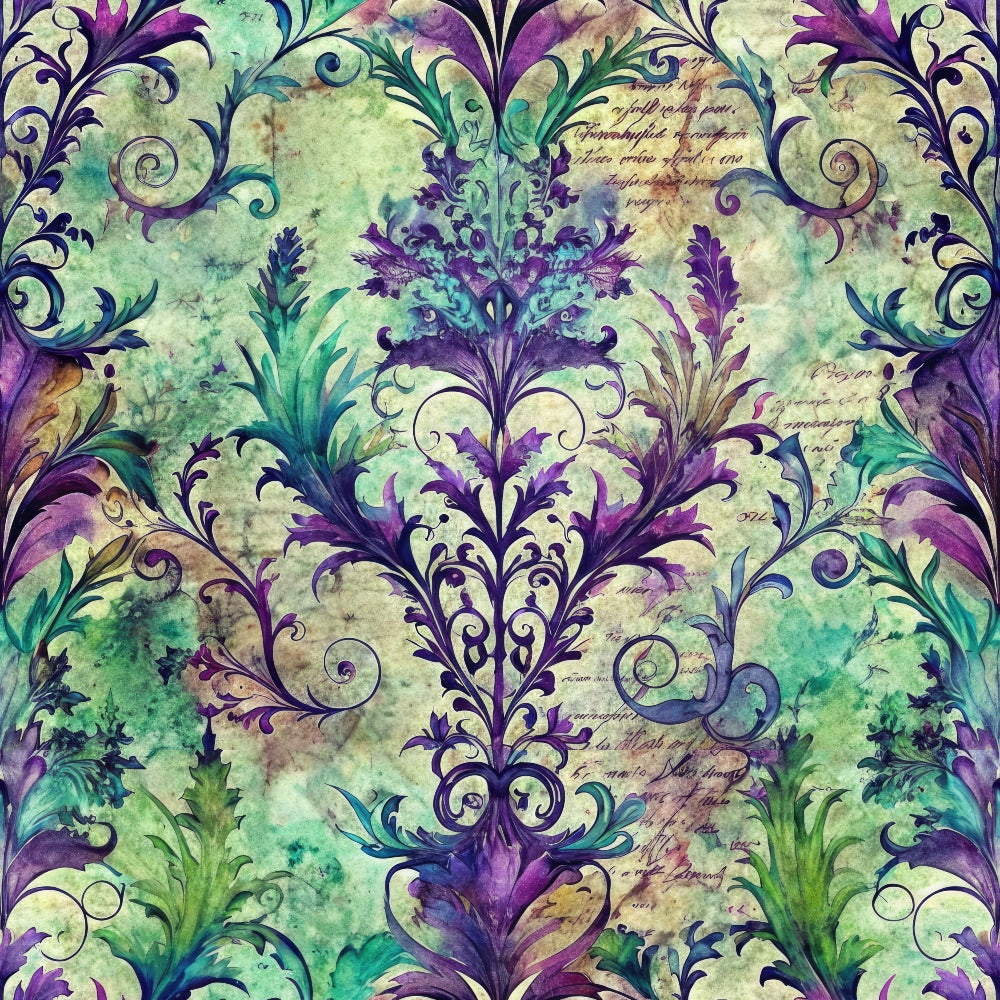 Ornate floral pattern with purple and green leaves on an aged, textured background featuring cursive script.