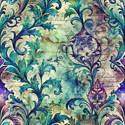 A vibrant, ornate design featuring swirling leaves and floral patterns in green, purple, and blue hues over a textured, aged background with faint script text.