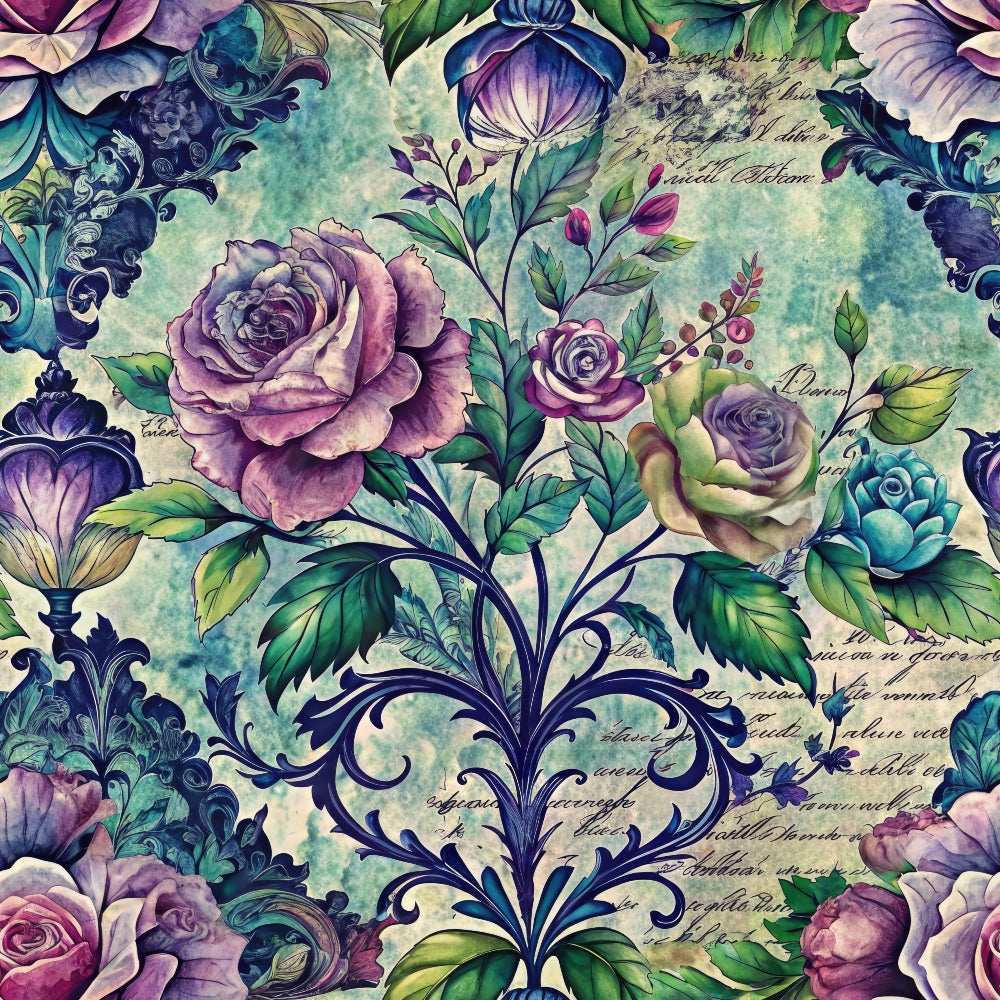 Intricate floral pattern with roses and leaves, featuring ornamental designs and cursive script on a teal and purple background.