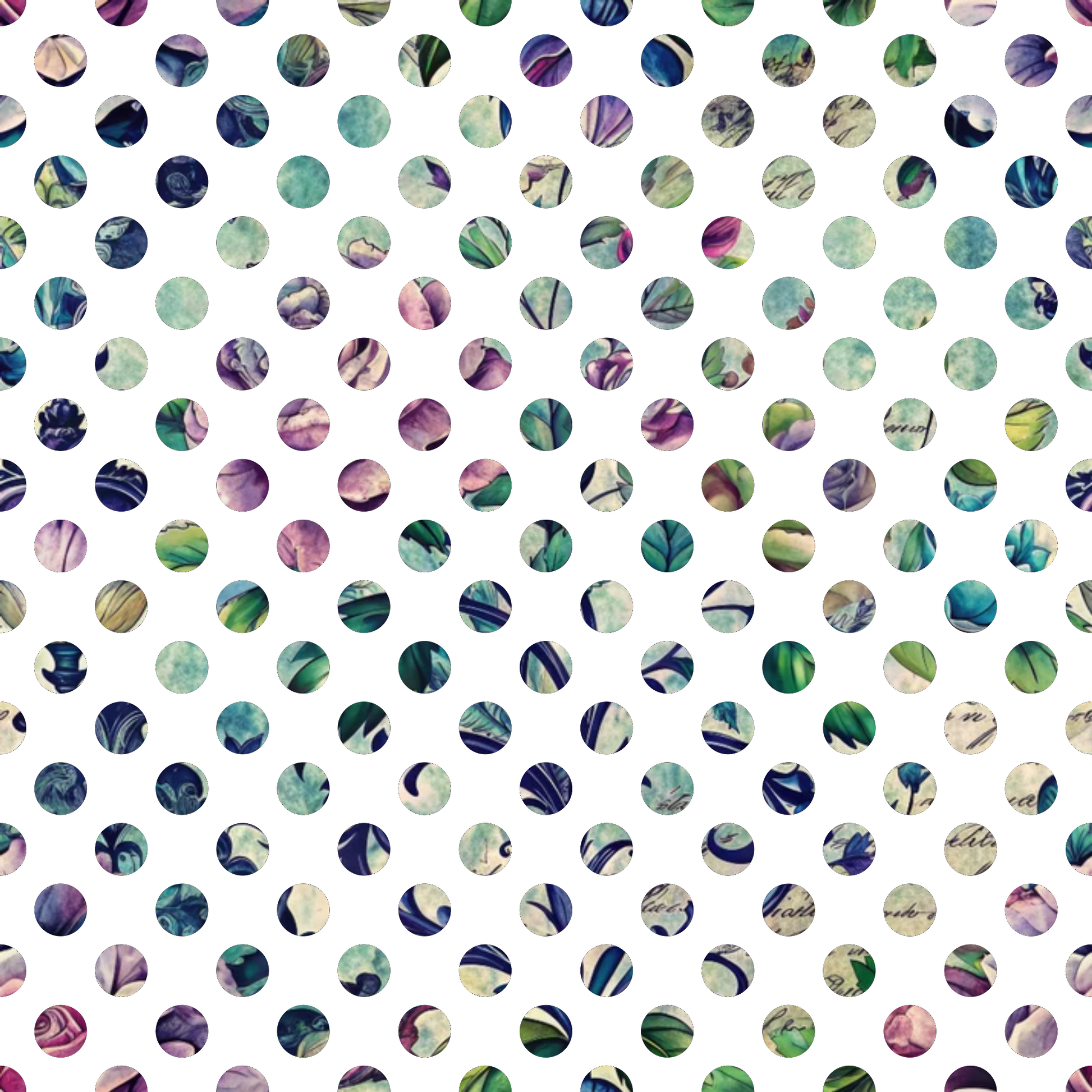 polka dots, circular pattern, green, teal, purple, navy blue, cream, beige, botanical motifs, leaf patterns, nature inspired, abstract circles, quilting cotton, fabric panel, forest theme, organic shapes, muted colors, geometric design, repeating pattern, crafting material