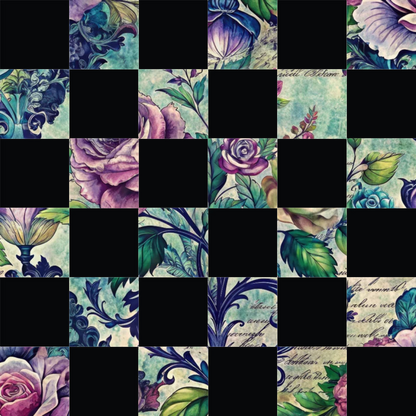 purple roses, teal foliage, vintage florals, ornate scrollwork, decorative leaves, lavender petals, emerald green, botanical motifs, elegant patterns, quilting cotton, fabric panel, romantic style, floral design, jewel tones, ornamental flourishes, vintage aesthetic, nature elements, detailed artwork