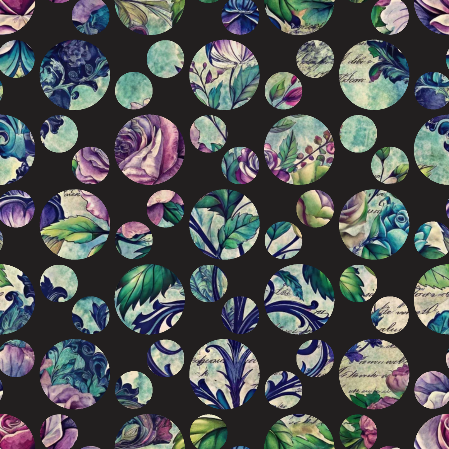 circular motifs, floral patterns, botanical elements, purple roses, teal leaves, vintage style, polka dot arrangement, quilting cotton, fabric panel, nature inspired, green foliage, lavender blooms, decorative circles, cottage core, romantic florals, mixed media look, soft pastels, garden theme