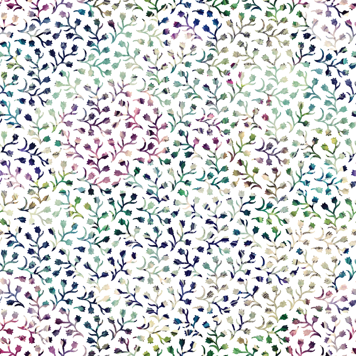 floral pattern, botanical design, vine motifs, leafy branches, navy blue, teal green, purple, sage green, mauve pink, cream background, watercolor style, delicate florals, small scale print, quilting cotton, fabric panel, nature inspired, organic shapes, soft pastels, repeating pattern, feminine aesthetic