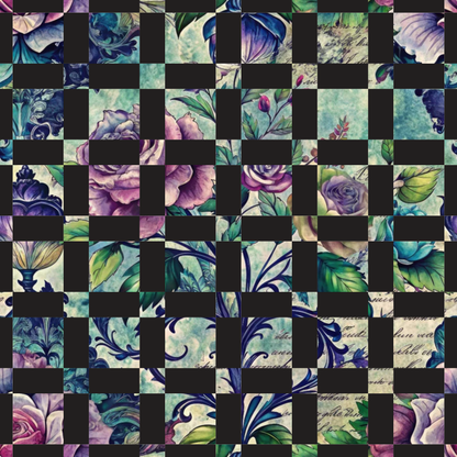 floral motifs, purple roses, blue flowers, teal green, lavender, sage green, botanical illustrations, vintage style, checkerboard pattern, quilting cotton, fabric panel, watercolor effect, leaves and stems, romantic florals, soft pastels, nature inspired, pieced blocks, crafting material, feminine design, garden flowers