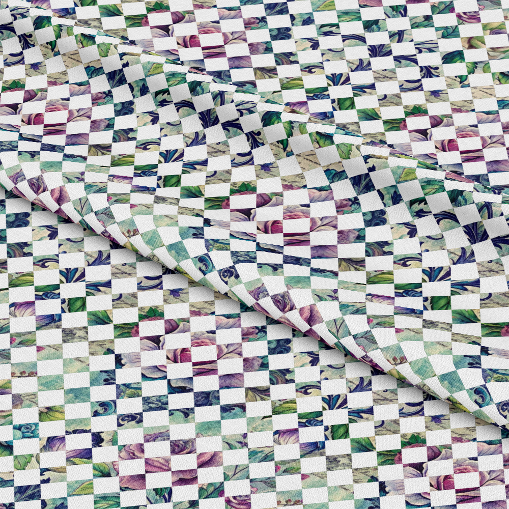 - Forest Memories Pattern 18 Quilting Cotton Fabric  
- Checkerboard design  
- Floral elements  
- Green, purple, blue, white colors  
- Textile, textile material  
- Cotton fabric, quilting cotton  
- Soft, woven, craft fabric  
- Garden theme, nature-inspired  
- Sewing, quilting supplies, DIY fabric