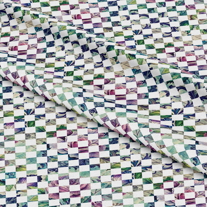 - Forest Memories Pattern 18 Quilting Cotton Fabric  
- Checkerboard design  
- Floral elements  
- Green, purple, blue, white colors  
- Textile, textile material  
- Cotton fabric, quilting cotton  
- Soft, woven, craft fabric  
- Garden theme, nature-inspired  
- Sewing, quilting supplies, DIY fabric