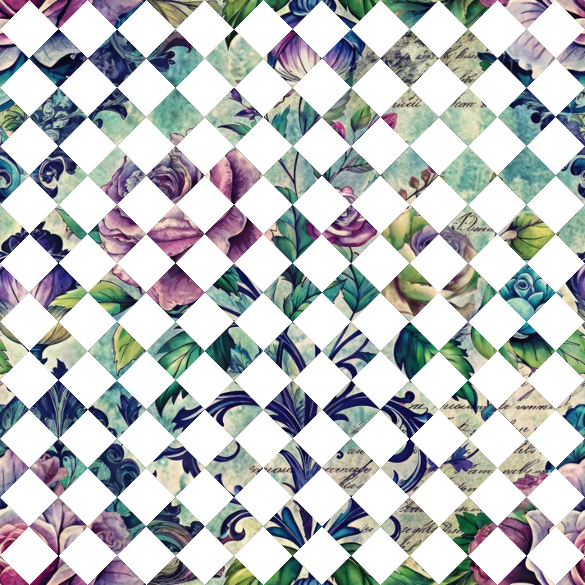 - Forest Memories Pattern 18 Quilting Cotton Fabric  
- floral design  
- pastel colors  
- purple, green, blue  
- leafy motifs  
- vintage style  
- textured fabric  
- quilting material  
- natural theme  
- soft cotton textile