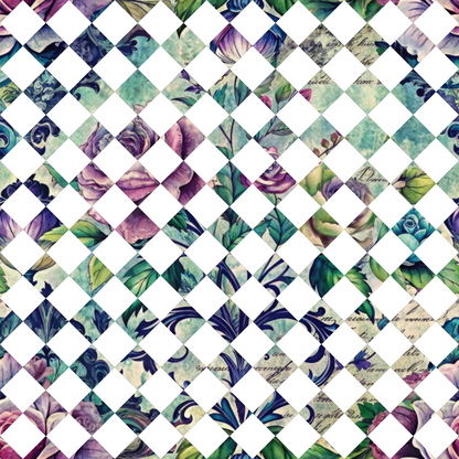 - Forest Memories Pattern 18 Quilting Cotton Fabric  
- floral design  
- pastel colors  
- purple, green, blue  
- leafy motifs  
- vintage style  
- textured fabric  
- quilting material  
- natural theme  
- soft cotton textile