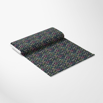 - Forest Memories Pattern 25 Quilting Cotton Fabric  
- Quilting fabric, cotton textile  
- Leaf motif, nature-inspired design  
- Multicolor palette, dark background, green, purple, pink accents  
- Repeating geometric leaf shapes, mosaic style  
- Yardage fabric roll, soft texture, craft material