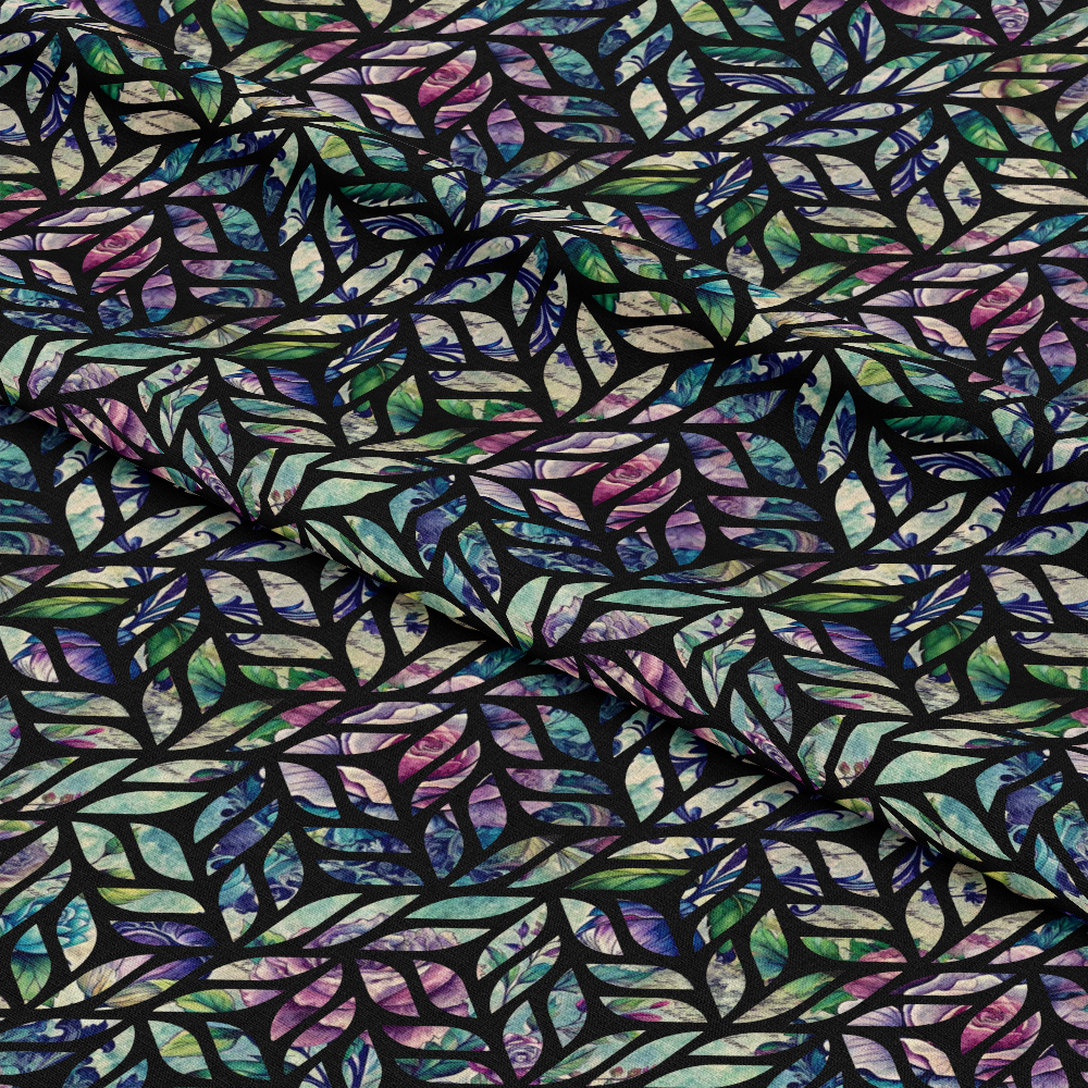 - Forest Memories Pattern 25 Quilting Cotton Fabric  
- multicolor leafy print  
- abstract leaf design  
- dark background  
- green, purple, blue, beige hues  
- cotton textile  
- quilting material  
- nature-inspired fabric  
- artistic leaf motif  
- fabric yardage