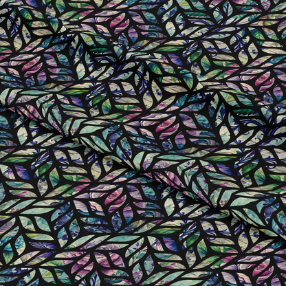 - Forest Memories Pattern 25 Quilting Cotton Fabric  
- multicolor leafy print  
- abstract leaf design  
- dark background  
- green, purple, blue, beige hues  
- cotton textile  
- quilting material  
- nature-inspired fabric  
- artistic leaf motif  
- fabric yardage