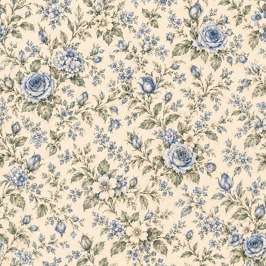 French Blue Garden Pattern 3 Quilting Cotton Fabric