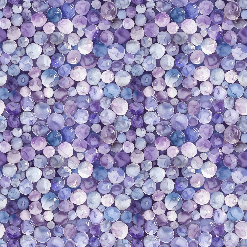 purple, lavender, blue, periwinkle, white, pearl pattern, circular design, gemstone motif, watercolor style, translucent pearls, quilting cotton, fabric panel, seamless pattern, organic shapes, iridescent effect, soft pastels, repeating circles, nature inspired, crafting material, sewing fabric