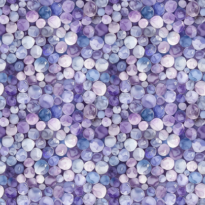 purple, lavender, blue, periwinkle, white, pearl pattern, circular design, gemstone motif, watercolor style, translucent pearls, quilting cotton, fabric panel, seamless pattern, organic shapes, iridescent effect, soft pastels, repeating circles, nature inspired, crafting material, sewing fabric