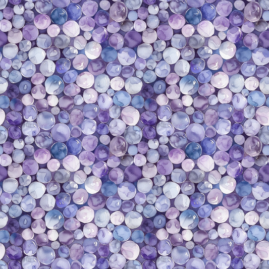 purple, lavender, blue, periwinkle, white, pearl pattern, circular design, gemstone motif, watercolor style, translucent pearls, quilting cotton, fabric panel, seamless pattern, organic shapes, iridescent effect, soft pastels, repeating circles, nature inspired, crafting material, sewing fabric