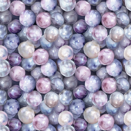 pearl pattern, spherical design, purple hues, lavender tones, blue shades, pink accents, gray tones, iridescent effect, lustrous finish, organic shapes, repeating motif, watercolor style, quilting cotton, fabric panel, seamless pattern, gemstone inspired, circular elements, soft pastels, reflective surfaces, nature inspired