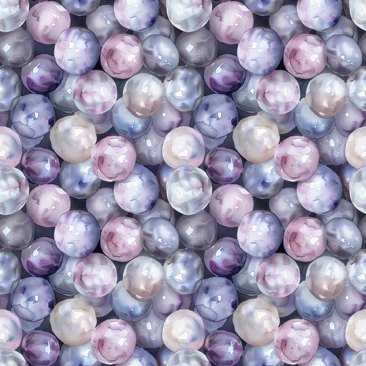 pearl pattern, spherical design, purple hues, lavender tones, blue shades, pink accents, gray tones, iridescent effect, lustrous finish, organic shapes, repeating motif, watercolor style, quilting cotton, fabric panel, seamless pattern, gemstone inspired, circular elements, soft pastels, reflective surfaces, nature inspired