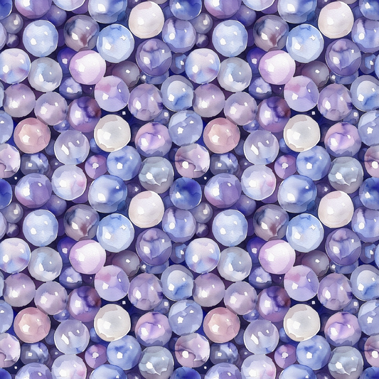 purple, lavender, blue, pink, white, pearls, circular pattern, geometric design, watercolor style, iridescent, lustrous, repeating motif, quilting cotton, fabric panel, ocean inspired, jewelry themed, soft pastels, seamless pattern, crafting material, sewing fabric