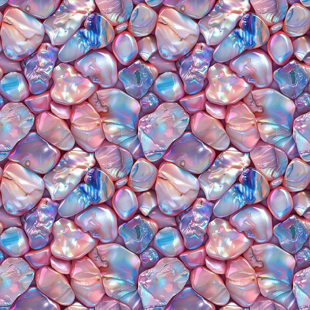 iridescent pearls, lustrous surface, pink hues, blue tones, purple shades, opalescent finish, nacre pattern, pearl clusters, shimmery texture, organic shapes, natural formations, quilting cotton, fabric panel, seamless repeat, oceanic theme, luxurious appearance, smooth stones, translucent quality, pastel palette, mother of pearl