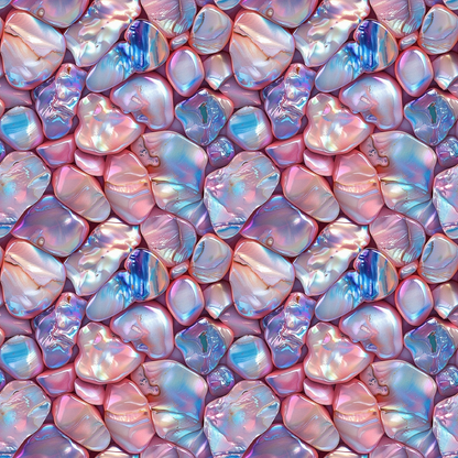 iridescent pearls, lustrous surface, pink hues, blue tones, purple shades, opalescent finish, nacre pattern, pearl clusters, shimmery texture, organic shapes, natural formations, quilting cotton, fabric panel, seamless repeat, oceanic theme, luxurious appearance, smooth stones, translucent quality, pastel palette, mother of pearl