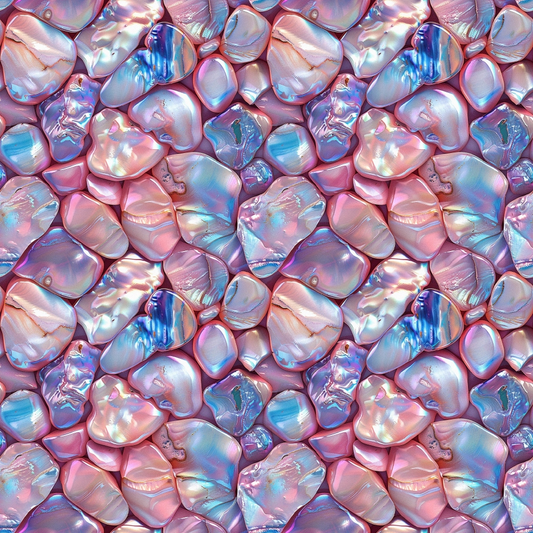 Colorful, shiny, iridescent stones in shades of pink, blue, and purple are arranged seamlessly in a repetitive pattern.