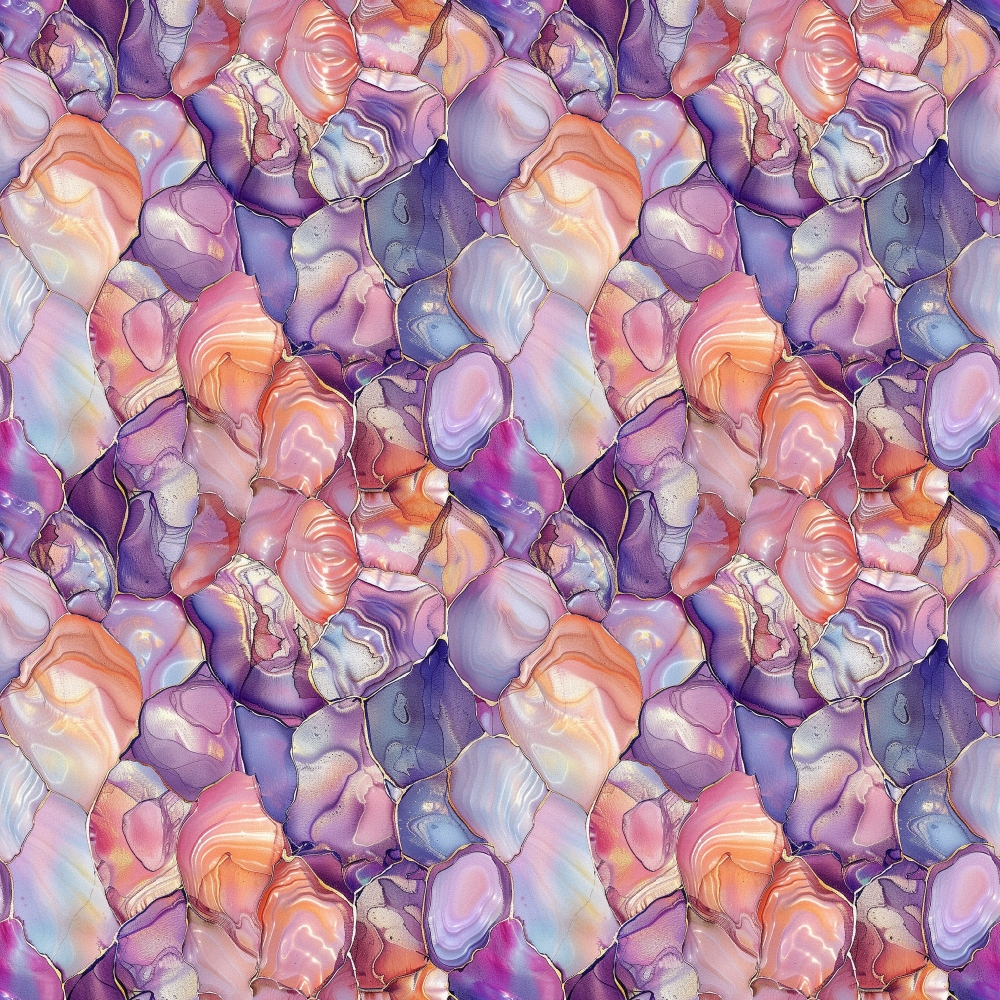 freshwater pearls, iridescent stones, purple hues, lavender tones, coral pink, peachy orange, gemstone pattern, lustrous finish, pearlescent surface, seamless repeat, organic shapes, irregular stones, quilting cotton, fabric panel, shimmery texture, translucent effect, mineral inspired, nature motif, mosaic arrangement, jewel tones