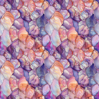 freshwater pearls, iridescent stones, purple hues, lavender tones, coral pink, peachy orange, gemstone pattern, lustrous finish, pearlescent surface, seamless repeat, organic shapes, irregular stones, quilting cotton, fabric panel, shimmery texture, translucent effect, mineral inspired, nature motif, mosaic arrangement, jewel tones