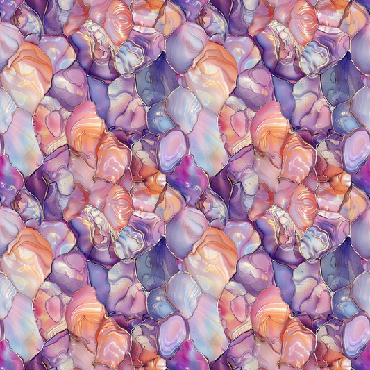 freshwater pearls, iridescent stones, purple hues, lavender tones, coral pink, peachy orange, gemstone pattern, lustrous finish, pearlescent surface, seamless repeat, organic shapes, irregular stones, quilting cotton, fabric panel, shimmery texture, translucent effect, mineral inspired, nature motif, mosaic arrangement, jewel tones