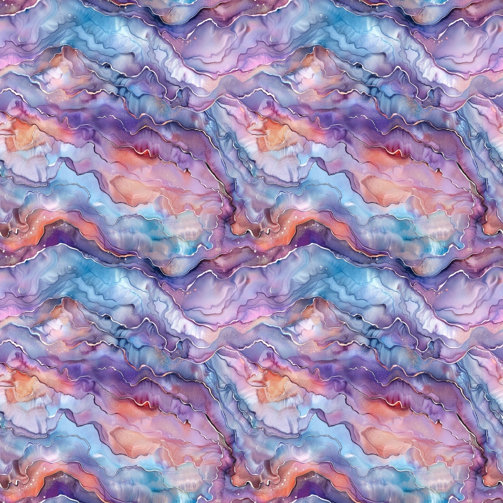 freshwater pearls, iridescent pattern, purple hues, blue tones, pink shades, coral accents, wavy lines, flowing design, abstract swirls, marbled texture, quilting cotton, fabric panel, lustrous finish, organic shapes, fluid motion, dreamy atmosphere, soft pastels, undulating waves, pearlescent effect, seamless repeat