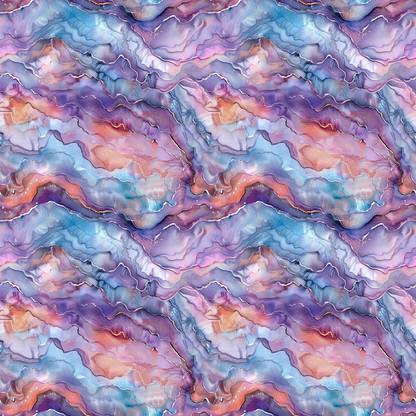 freshwater pearls, iridescent pattern, purple hues, blue tones, pink shades, coral accents, wavy lines, flowing design, abstract swirls, marbled texture, quilting cotton, fabric panel, lustrous finish, organic shapes, fluid motion, dreamy atmosphere, soft pastels, undulating waves, pearlescent effect, seamless repeat