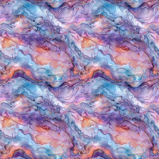freshwater pearls, iridescent pattern, purple hues, blue tones, pink shades, coral accents, wavy lines, flowing design, abstract swirls, marbled texture, quilting cotton, fabric panel, lustrous finish, organic shapes, fluid motion, dreamy atmosphere, soft pastels, undulating waves, pearlescent effect, seamless repeat