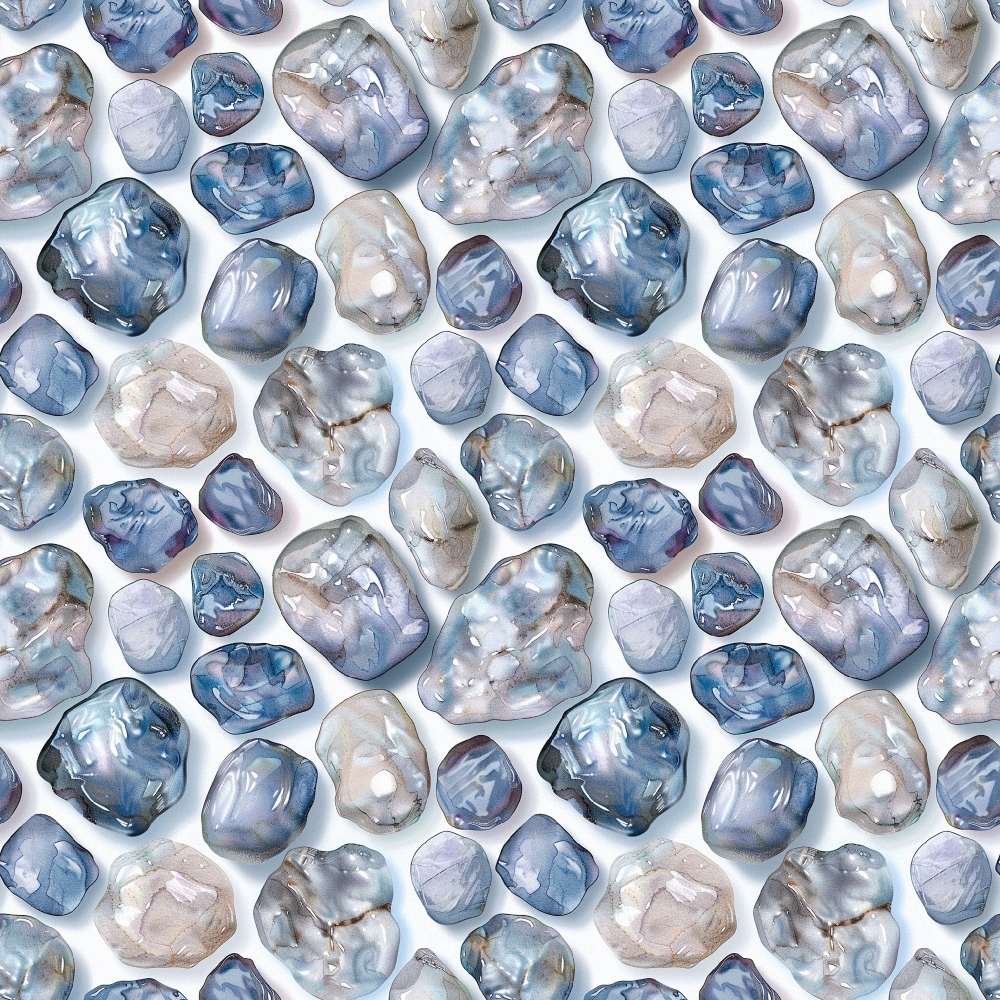 freshwater pearls, blue tones, gray shades, iridescent surfaces, pearl pattern, organic shapes, natural gemstones, lustrous finish, repeating motif, quilting cotton, fabric panel, ocean inspired, coastal theme, smooth textures, polished stones, nautical elements, aquatic colors, seamless design, crafting material