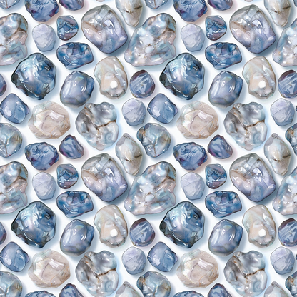 freshwater pearls, blue tones, gray shades, iridescent surfaces, pearl pattern, organic shapes, natural gemstones, lustrous finish, repeating motif, quilting cotton, fabric panel, ocean inspired, coastal theme, smooth textures, polished stones, nautical elements, aquatic colors, seamless design, crafting material