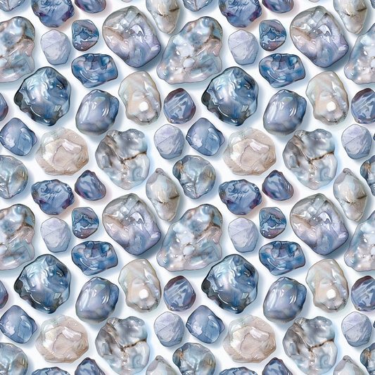 freshwater pearls, blue tones, gray shades, iridescent surfaces, pearl pattern, organic shapes, natural gemstones, lustrous finish, repeating motif, quilting cotton, fabric panel, ocean inspired, coastal theme, smooth textures, polished stones, nautical elements, aquatic colors, seamless design, crafting material