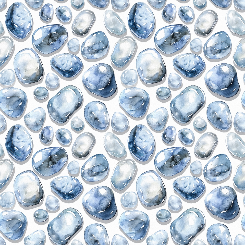 freshwater pearls, blue gemstones, light blue, navy blue, watercolor style, organic shapes, oval stones, round stones, scattered pattern, quilting cotton, fabric panel, translucent effect, mineral pattern, natural stones, peaceful mood, soft texture, repeating motif, jewelry inspired, aquatic theme