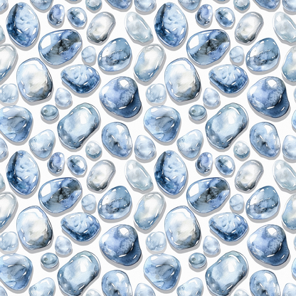 freshwater pearls, blue gemstones, light blue, navy blue, watercolor style, organic shapes, oval stones, round stones, scattered pattern, quilting cotton, fabric panel, translucent effect, mineral pattern, natural stones, peaceful mood, soft texture, repeating motif, jewelry inspired, aquatic theme
