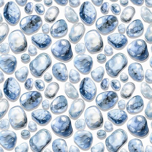 freshwater pearls, blue gemstones, light blue, navy blue, watercolor style, organic shapes, oval stones, round stones, scattered pattern, quilting cotton, fabric panel, translucent effect, mineral pattern, natural stones, peaceful mood, soft texture, repeating motif, jewelry inspired, aquatic theme