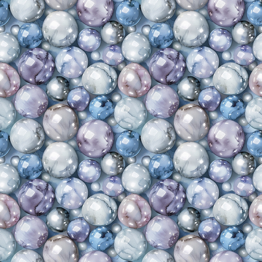 pearl pattern, spherical design, lustrous finish, blue tones, purple hues, gray shades, white pearls, iridescent surface, bubble motif, seamless repeat, quilting cotton, fabric panel, shimmery effect, translucent orbs, marble texture, cool palette, geometric circles, glossy appearance, ocean inspired, jewelry motif