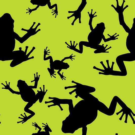 Black silhouettes of frogs in various poses on a bright green background.