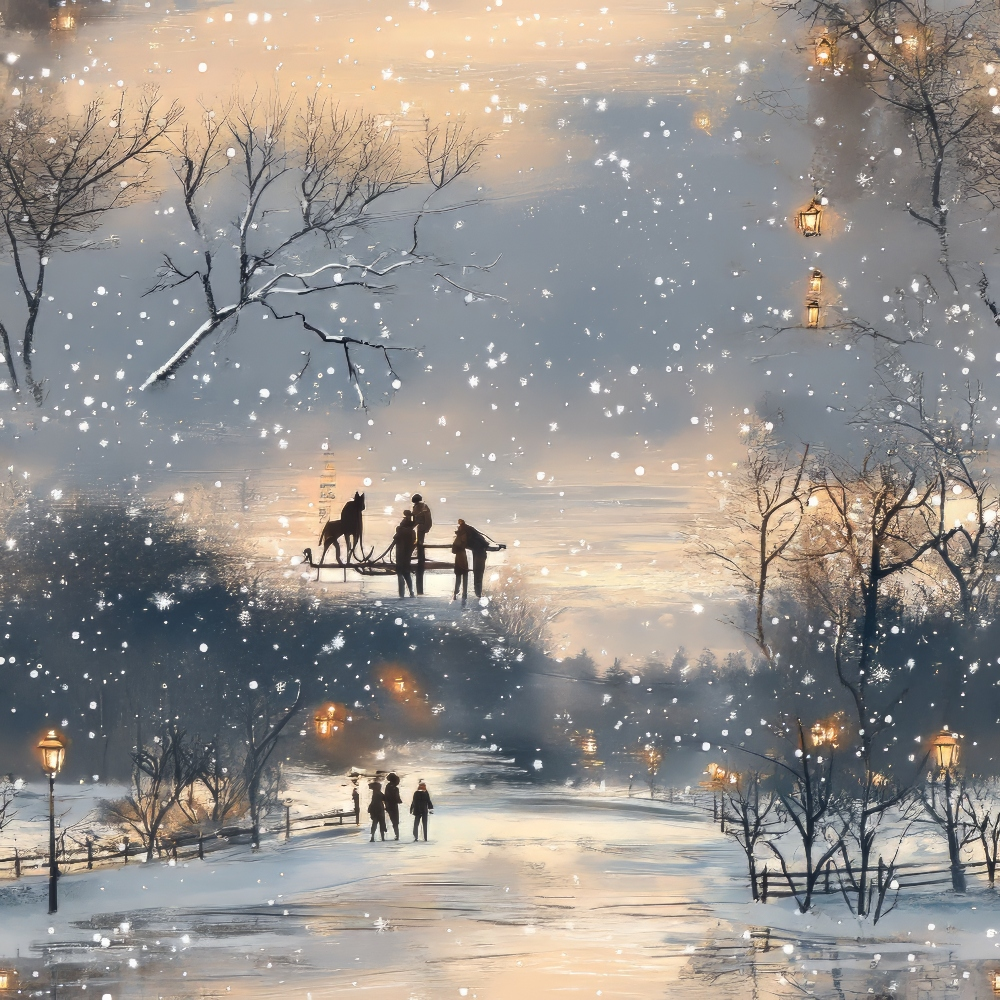 Snowy landscape with several silhouetted figures walking and a group on a bridge. Trees are dusted with snow. Warm lights glow in the background. Snowflakes are gently falling.