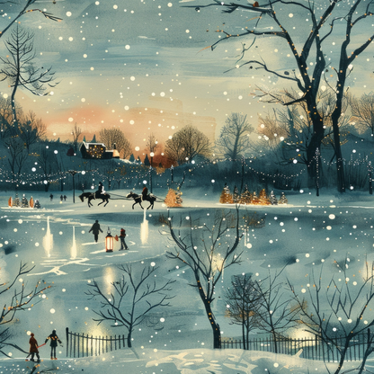 A winter scene with people ice skating on a frozen pond, surrounded by trees and snowfall, under a softly colored evening sky. A few houses with lights are visible in the background.