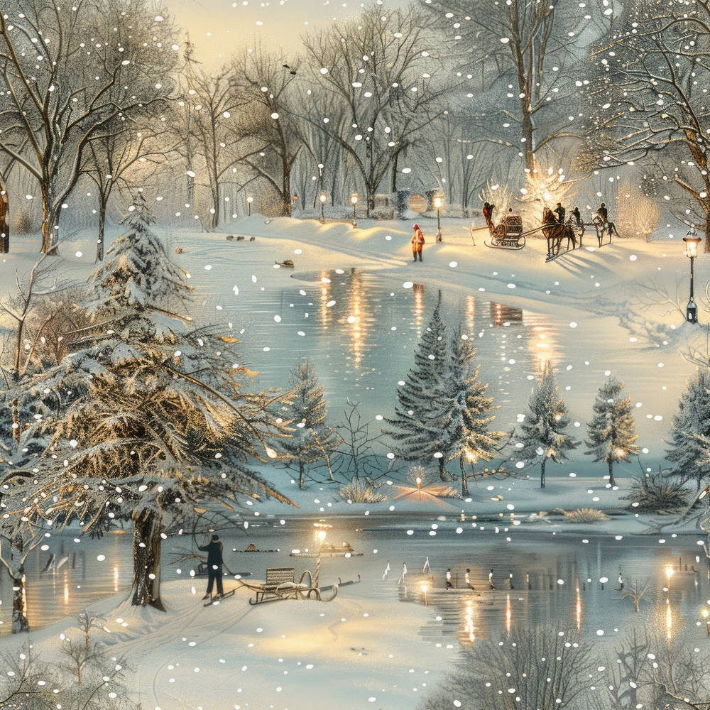 A snowy winter scene with people ice skating, a horse-drawn sleigh, and snow-covered trees. Snowflakes fall gently over the frozen pond and landscape.