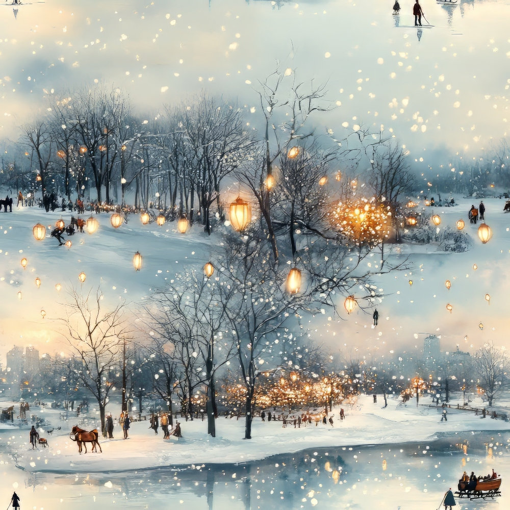 Snowy landscape with trees and glowing lanterns, people skating on a frozen lake, and a horse-drawn sleigh. Snowflakes gently falling in a serene winter scene.