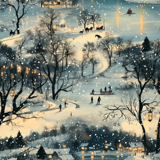 Snowy landscape with people ice skating on a frozen lake, surrounded by leafless trees and warm-lit houses. Snowflakes are falling, and there are people riding a horse-drawn sleigh.